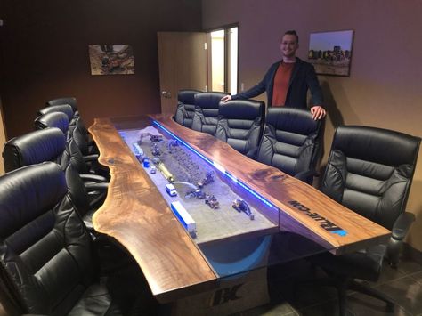 This Live-Edge Conference Table Hides an Entire Construction Site Within Antiquing Wood, Board Room Table, Live Edge Conference Table, 3d Diorama, Plywood Table, Wood Resin Table, Office Pods, Board Room, Construction Firm