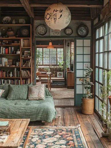 ↑↑↑ Larger size on website 🔸 The image shows a cozy living room with a rustic, traditional Japanese aesthetic. A large green sofa Wood Cozy Living Room, Cozy Japanese Apartment, Cozy Japanese Aesthetic, Cozy Japanese Living Room, Japan Home Aesthetic, Traditional Japanese Decor, Japanese Traditional Room, Library Room Aesthetic, Japanese Home Aesthetic