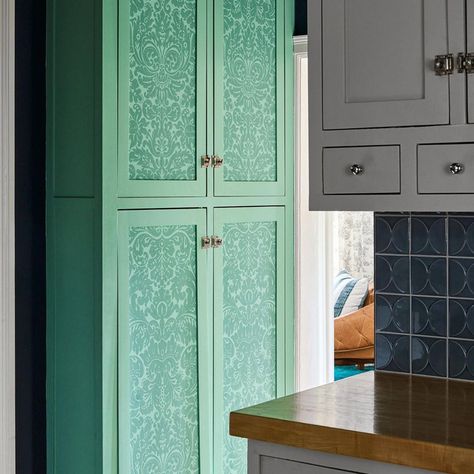 Pantry Cabinet Doors Ideas, Wallpaper Doors Ideas, Pantry Door Upgrade, Wallpaper On Cabinet Doors, Wallpaper Cabinet Doors, Kitchen Door Makeover, Covering Glass Cabinet Doors, Pantry With Wallpaper, Kitchen Cabinet Wallpaper