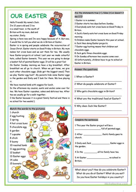 Our Easter - English ESL Worksheets for distance learning and physical classrooms Easter Reading Comprehension, Presente Simple, Easter Lessons, Easter Worksheets, Esl Reading, Holiday Worksheets, Easter Activity, English Exercises, About Easter