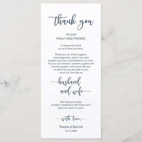 This is the Modern beautiful, in Navy Blue font, Place Setting Thank You Cards. Share the love and show your appreciation to your guests, when they sit down at their seat and read this personalised charming thank you place setting card. It's a wonderful way to kick off your special day celebration!
 Please visit our website for more designs and inspiration: www.zazzle.com/teeshaderrick
#TeeshaDerrick Blue Place Settings, Reception Place Settings, Diy Teacher Christmas Gifts, Dinner Place, Place Setting Cards, Dinner Places, Thank You Card Size, Blue Card, Wedding Place Settings