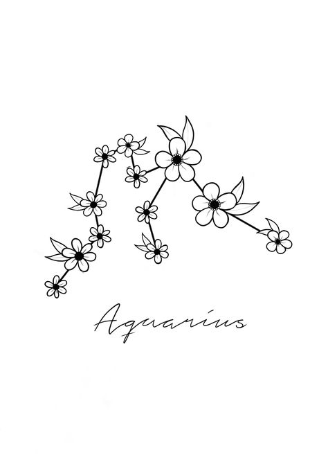 Aquarius constellation with a wild flower twist. Astrology Aquarius Tattoo, Aquarius Flower Constellation Tattoo, Horoscope Tattoos Aquarius, Aquarius Word Tattoo, Aquarius Tattoo Flower, Aquarius Wave Tattoo, Aquarius Star Constellation Tattoo, Aquarius Tattoo Constellation, Tattoo Ideas Aquarius