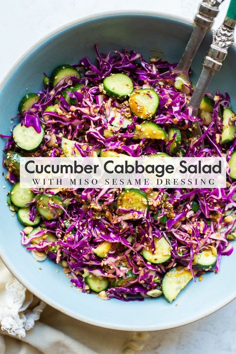 This Cabbage Cucumber Salad is crunchy, refreshing, and easy to make ahead of time! It's loaded with sesame seeds and green onions and tossed in an irresistibly delicious miso sesame dressing. It makes for the perfect stir-fry side dish, or add some protein and rice to make it a main dish! Best Cabbage Salad Recipe, Cabbage Cucumber Salad, Asian Cabbage Salad, Asian Cabbage, Dumpling Dipping Sauce, Green Goddess Salad, Goddess Salad, Cabbage Salad Recipes, Make Ahead Salads