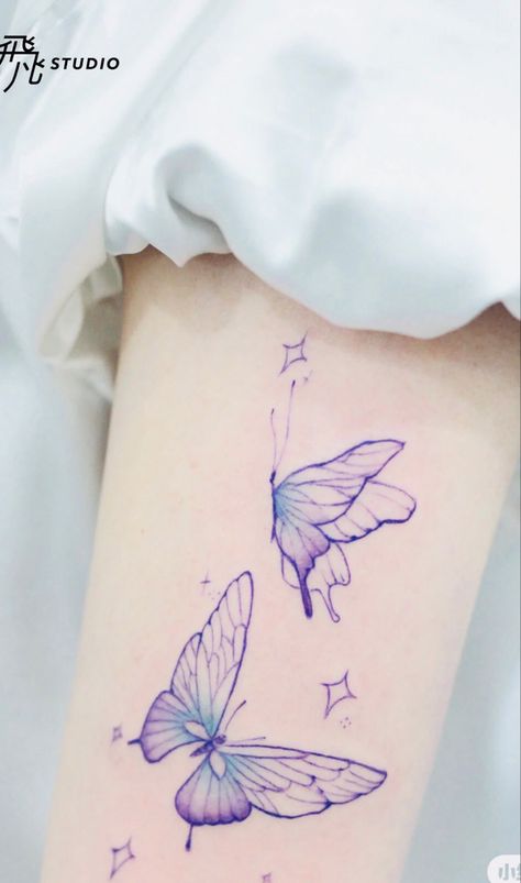 Glowing Butterfly Tattoo, Cool Butterfly Tattoos, Lavender With Butterfly Tattoo, Iridescent Butterfly Tattoo, Rainbow Butterfly Tattoo, Purple Butterfly Tattoo Outline, Light Purple Butterfly Tattoo, Butterfly And Lilac Tattoo, Purple Line Butterfly Tattoo