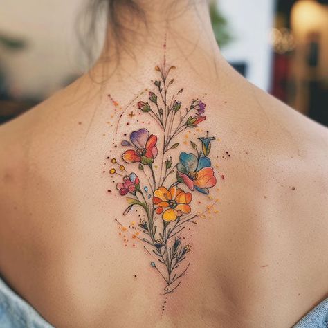 Vibrant Wildflower Tattoo Master Files Flower Colored Tattoo, Wildflower Back Tattoo, Quantum Tattoo, Poppy Flower Tattoos, Wildflower Tattoos, Best Feminine Tattoos, Thistle Tattoo, Wildflower Tattoo, Hip Tattoos Women