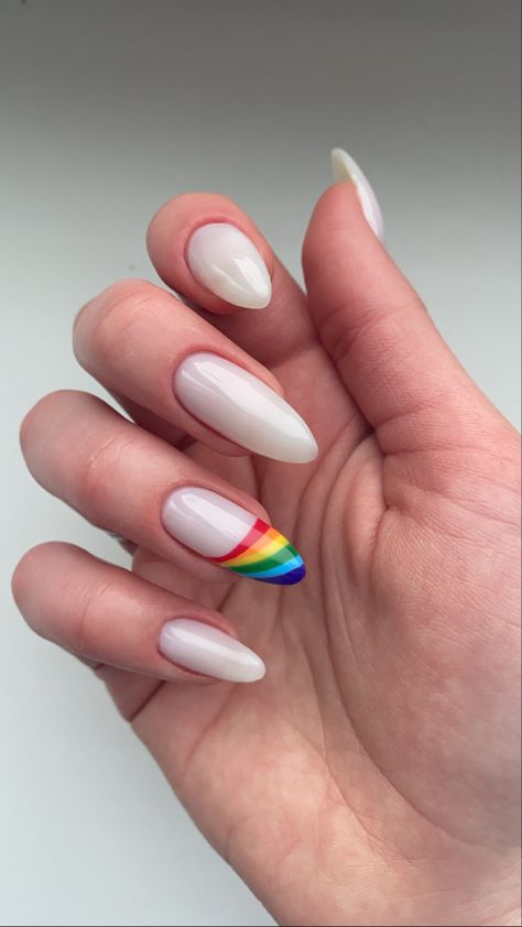 White Nails With Rainbow Tips, Pride Nails Classy, Rainbow Wedding Nails, Pride Nails Designs Almond, Pride Nails Designs Simple Short, Nail Inspo Pride, Pride Nails Black, White And Rainbow Nails, Pride Nails Subtle