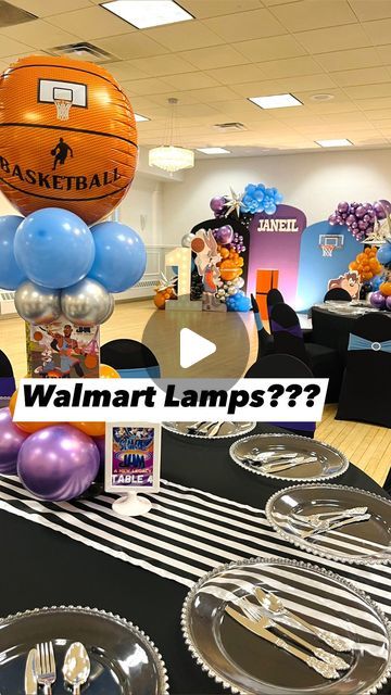 Soirée by Sorangel on Instagram: "Let’s DIY a centerpiece out of Walmarts $9 LAMPS! 😬 so easy!!! So sturdy!!! So versatile!!!🏀🪐💙💜 I love this project! Thank you 🩷@cs_partyexpress 🩷for I inspiring me to do this!!!! 🙌🏻 you ROCK!!!  . . . #diy #walmart #lamp #centerpieces #ballooncenterpiece #spacejam #basketball" Basketball Centerpieces Diy, Ballon Table Centerpiece Diy, Basketball Party Centerpieces, Diy Centerpieces For Party Birthdays, Easy Balloon Centerpieces, Diy Balloon Centerpieces, Basketball Centerpiece Ideas, Diy Birthday Centerpieces, Diy Basketball Party