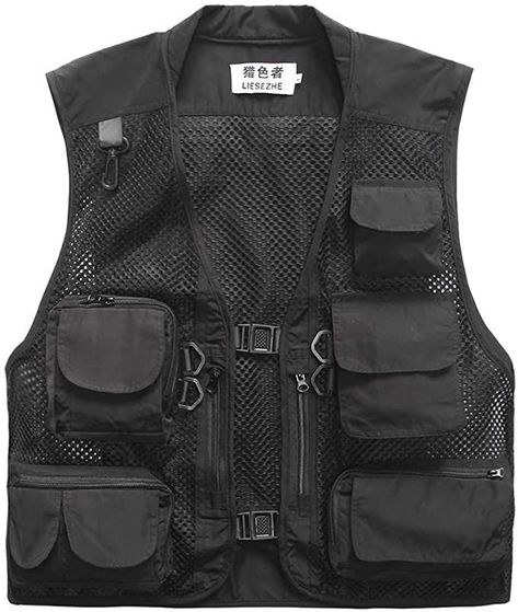 This is a more industrial/utility style of a pocketed vest and is a modernized look to the typical waistcoat or leather vest. Colors to stick to are blacks, browns, tans, and dark blues. Terms to search are "pocketed vest," "fishing vest," and "utility vest."