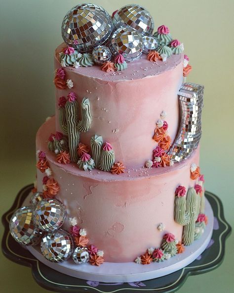 Dipped in Velvet | This one is definitely in my top ten of favorite cakes I’ve done 🪩💕🤠 It’s a new take on a disco cowgirl cake I did last summer, but this… | Instagram Cowgirl Birthday Cakes For Women, Space Cowgirl Birthday Party Ideas, Disco Cowgirl Cake Smash, Desert Disco Theme, 30th Western Birthday, Disco Cowgirl Dessert Table, Disco Rodeo Cake, Pink Rodeo Cake, Disco Cowgirl Birthday Party Cake