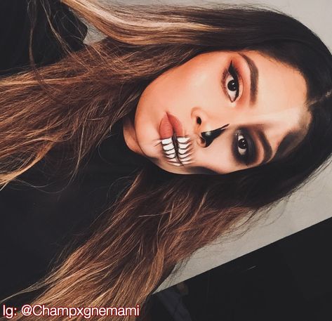 Halloween Makeup Looks Half Face, Partial Skull Makeup, Light Skull Makeup, Half Makeup Face Halloween, Half Skull Half Face Makeup, Glam Skull Makeup Half Face, Half And Half Halloween Makeup, Simple Skeleton Makeup Half Face, Glam Skeleton Makeup Half Face