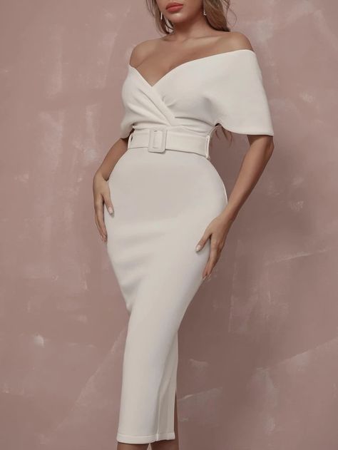 ADYCE Surplice Neck Off Shoulder Backless Front Buckle Belted Cocktail Party Dress | SHEIN USA Red Club Dress, White Club Dress, Off Shoulder V Neck, Club Party Dresses, Romantic Date, Bodycon Midi Dress, Wedding Receptions, Cocktail Party Dress, Looks Chic