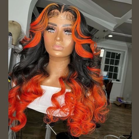 Human Hair Orange Highlight With Black Ombre Color Lace Front Wig – Prosp Hair Shop Fire Ombre Hair, Black Hair Ombre, Skunk Stripe, Orange Highlights, Hair Color Orange, Black Ombre, Colored Wigs, Body Wave Wig, Front Lace Wigs Human Hair