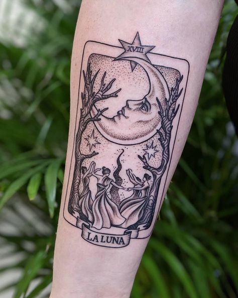 Moon Tarot Tattoo, Dancing Around A Fire, Moon Tarot Card Tattoo, La Luna Tattoo, Rebecca Tattoo, Witch Dancing, Snail Tattoo, To Be A Witch, Luna Tattoo