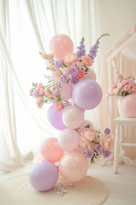 Pink Floral Birthday Party Decorations, Balloons And Flowers Decorations, Pink And Lavender Baby Shower Ideas, Blooming Baby Shower Theme, Garden Party Balloons, Baby In Bloom Decor, Balloons Without Helium, Decorating With Balloons, Baby In Bloom Shower Ideas