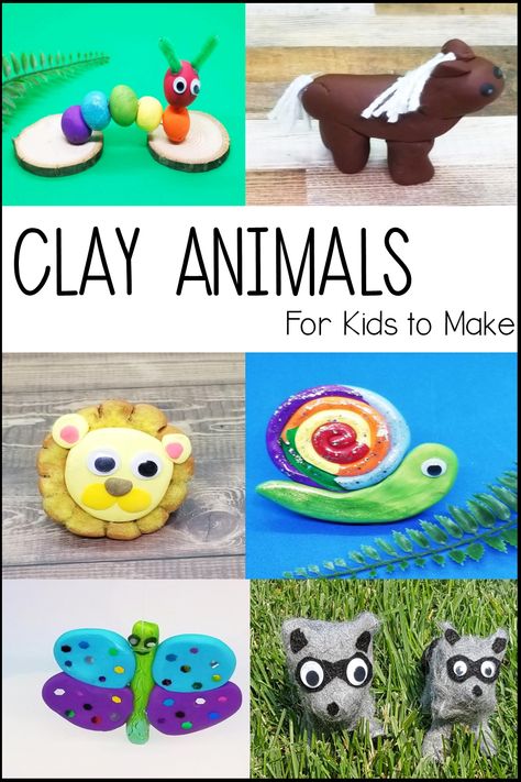 6 clay animals are shown in the pin including a rainbow caterpillar, horse, lion head, snail, butterfly and fuzzy racoons. Air Dry Clay Kindergarten, Easy Ceramic Animals, Clay Animals Sculpture Easy, Easy Clay Animals For Kids, Air Dry Clay Animals Easy, Clay Art Projects For Kids, Clay Art For Kids Easy, Easy Clay Animals, Clay Animals Easy