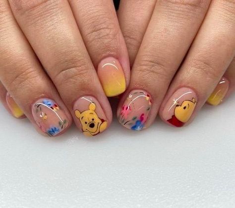 Winnie The Poo Acrylic Nails, Pooh Bear Nails Art, Cute Winnie The Pooh Nails, Winnie The Pooh Nails Acrylic Simple, Winnie The Pooh Nail Art Simple, Pooh Nails Disney, Winnie Pooh Nails Art Designs, Spring Nails Disney, Winnie The Pooh Gel Nails