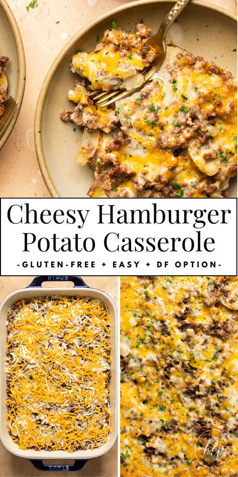 a bowl with potato casserole Cheesy One Pot Beef And Potatoes, Cheesy Beef And Potatoes, Protein Potato Recipes, Protien Meals Ground Beef, Potato Protein Recipes, Ground Beef High Protein Recipes, Sweet Potato And Hamburger Recipes, Casserole Recipes High Protein, High Protein Dinner Casserole