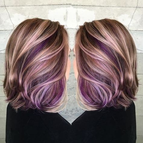 Purple Peekaboo Hair, Peekaboo Hair Colors, Purple Hair Highlights, Underlights Hair, Peekaboo Highlights, Peekaboo Hair, Purple Highlights, Hair Color Purple, Hair Shades