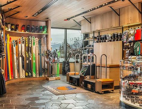 best-ski-shops-in-america-gear-patrol-caldera-house Ski Shop Interior, Backcountry Skiing Gear, Snowboard Display, Alpine Architecture, Ski Store, Barn Remodel, Aspen Ski, Gear Room, Ski Brands