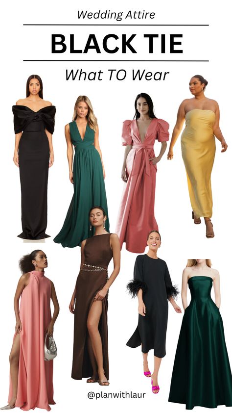 what to wear as a guest to a black tie attire wedding #blacktieweddingguestdress #weddingguestdresses #weddingguestoutfit #greenscreen What Is Black Tie Attire, Champagne Black Tie Dress, Black Tie Dresscode, October Black Tie Wedding Guest, Dress For Black Tie Wedding Guest, Creative Black Tie For Women, Black Tie Wedding Outfit, Black Tie Attire For Women, Black Tie Dress Code Women