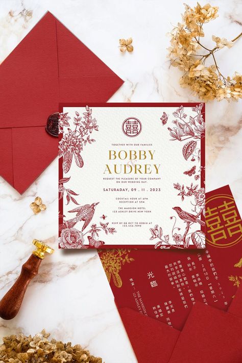 Chinoiserie Wedding Invitation Card Template, Asian Chinese Wedding Card DIY Printable Double Happiness 结婚请柬 Oriental Red Gold Love Birds https://etsy.me/3QKSk3D #redchinoiserie #chinoiserieinvite #chineseinvitation #asianinvitation #chineseweddingcard #asianwedding Chinese Engagement Invitation, Sangjit Invitation Design, Red Gold Wedding Invitations, Chinese Invitation Card, Wedding Invitations Chinese, Red Gold Invitation, Chinoiserie Wedding Invitation, Red Invitation Card, Chinese Invitation