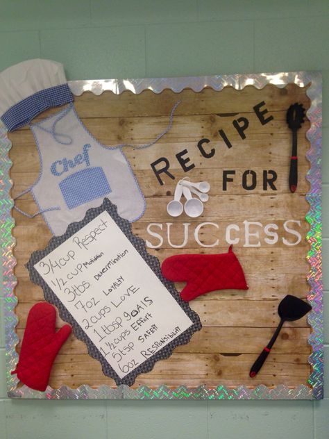 Bulletin Board Recipe for Success School Cafeteria Decorations, Cafeteria Bulletin Boards, Nutrition Bulletin Boards, Food Bulletin Boards, Art Bulletin Boards, Cooking Theme, Work Bulletin Boards, Cooking In The Classroom, School Nutrition