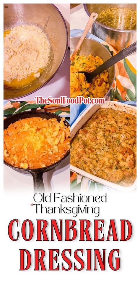 Old Fashioned Thanksgiving Dressing Recipe by The Soul Food Pot. Get ready for an unforgettable Thanksgiving Day with this soul food inspired Southern old-fashioned Thanksgiving dressing recipe. A delicious casserole dish everyone around the dinner table loves! So whether you’re hosting Thanksgiving or attending a festive gathering this year, chances are you’re probably looking for ways to make the holiday special with soul-soothing Thanksgiving side dishes. Soul Food Cornbread, Soul Food Cornbread Dressing, Southern Soul Food, Cornbread Dressing Recipe, Dressing Recipes Thanksgiving, Cornbread Dressing Southern, Dressing Recipes Cornbread, Southern Cornbread, Southern Recipes Soul Food