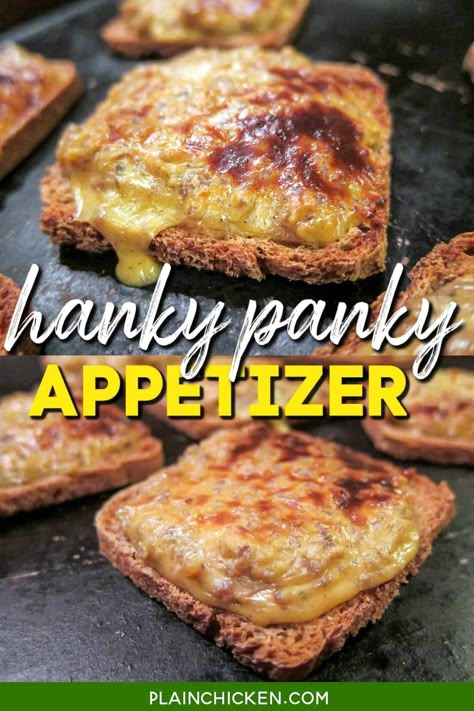 Hanky Panky Appetizer - Sausage & Cheese on Party Rye Bread – SUPER simple to make and tastes great! Sausage, Velveeta, garlic powder, and Worcestershire sauce baked on top of party rye bread. This is our GO-TO appetizer recipe for snacks for parties, game days, and holiday mornings! You can make these party bread in advance and freeze them for later. Gameday Breakfast, Appetizer Sausage, Rye Bread Sandwiches, Plain Chicken Recipe, Party Bread, Sausage Appetizers, Rye Bread Recipes, Sausage Bread, Pizza Appetizers