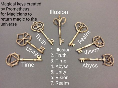 The 7 Golden Keys given by Prometheus to allow humans to bring magic back to the world The Magicians Tattoo Ideas, Fillory Aesthetic, Magic Key Fantasy Art, Fillory The Magicians Tattoo, Locksmith Aesthetic, Magical Items Ideas, The Magicians Tattoo, Keys Aesthetic, Key Magic