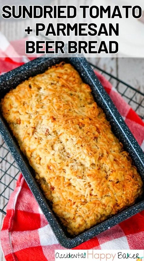 Easy and hearty beer bread is kicked up a notch with the addition of sundried tomatoes and parmesan. This easy to make bread is loaded with sundried tomato flavor, but takes just 4 steps to make. Bread even a beginner baker can master! Sun Dried Tomato Bread Recipes, Sundried Tomato Sourdough Bread, Crusty Bread Recipes, Recipes With Sundried Tomatoes, Fun Breads, Veggie Breads, Beginner Bread Recipe, Garlic Beer Bread, Speciality Breads