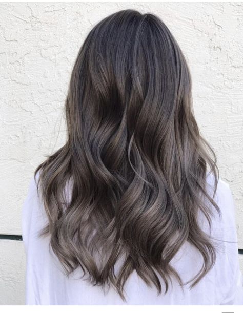 Cool Muted Brown Hair, Grey Brown Hair Ashy, Medium Brown Ash Balayage, Dark Ashy Hair Color, Greige Balayage, Black Hair Ash Balayage, Grey Dark Brown Hair, Grey Brown Hair Balayage, Brownish Grey Hair