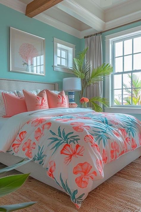 Beach Glam Bedroom, Tropical Dorm Room, Beach Bedding Coastal Style, Beach Bedrooms Coastal Style, Pink Beach Bedroom, Blue And Pink Room Aesthetic, Beach Apartment Aesthetic, Pink Beachy Room, Blue Pink Bedroom