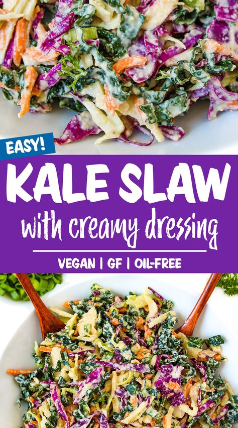 Kale Slaw with Creamy Dressing (Vegan!) Kale Slaw Dressing, Kale And Apple Slaw Recipe, Coleslaw Dressing Healthy, Kale Slaw Recipe, Homemade Coleslaw Dressing, Creamy Coleslaw Dressing, Garden Grazer, Coleslaw Recipes, Health Lunch