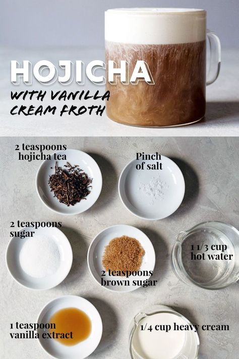 A rich and decadent Japanese hojicha tea latte made with a frothy cream topping thats both sweet and a little salty. #hojicha #tealatte #japanesetea #hotdrinks Hojicha Tea, Hojicha Latte, Hot Tea Recipes, Te Chai, Bubble Tea Recipe, Tea Latte Recipe, Milk Tea Recipes, Resep Smoothie, Iced Tea Recipes