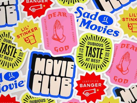 Weekly Inspiration Dose 100 - Indieground Design #graphicdesign #design #art #inspiration #movies #stickers #pop Movie Club Type Sticker Design, Lucky Graphic Design, Stickers Animation, Sticker Animation, Graphic Design Stickers, Club Stickers, Club Branding, Weekly Inspiration, Movie Club