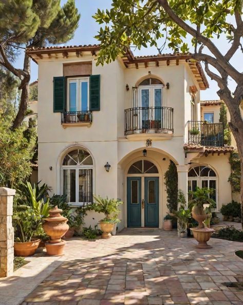 Mediterranean House with Garden and Stairs - Design Ideas AI Mediterranean Front Porch, Small Mediterranean Homes, House With A Garden, Mediterranean Houses, White Facade, Mediterranean Homes Exterior, House Mediterranean, Mediterranean Style House, Mediterranean Aesthetic