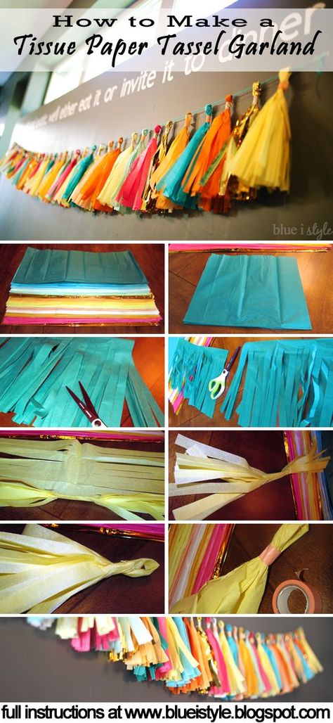 Simple tutorial for making a Tissue Paper Tassel Garland! Makes gorgeous decor for a bridal or baby shower, a birthday party, or as an addition to your seasonal decor! Paper Tassel Garland, Tissue Paper Tassel Garland, Tissue Paper Tassel, Decoration Evenementielle, Desain Quilling, Party Deco, Aktivitas Montessori, Tassel Garland, Diy Party