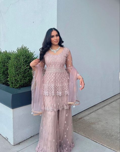 Indian Wedding Outfits Sharara, Asian Wedding Outfits Guest, Pastel Garara Suit, Punjabi Reception Outfit Guest, Baraat Outfit Guest, Muslim Wedding Guest Outfit Ideas, Pastel Desi Outfits, Punjabi Wedding Guest Outfit, Pink Desi Outfit