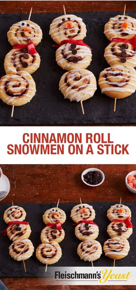 Snowed in for the afternoon? This recipe for Cinnamon Roll Snowmen on a Stick are a perfect snow day activity for kids. They’ll love to decorate them with their favorite treats! - @fleischmanns_yeast Snowed In, Cinnamon Recipes, Christmas Brunch, Christmas Breakfast, Christmas Snacks, On A Stick, Activity For Kids, Breakfast For Kids, Cinnamon Roll