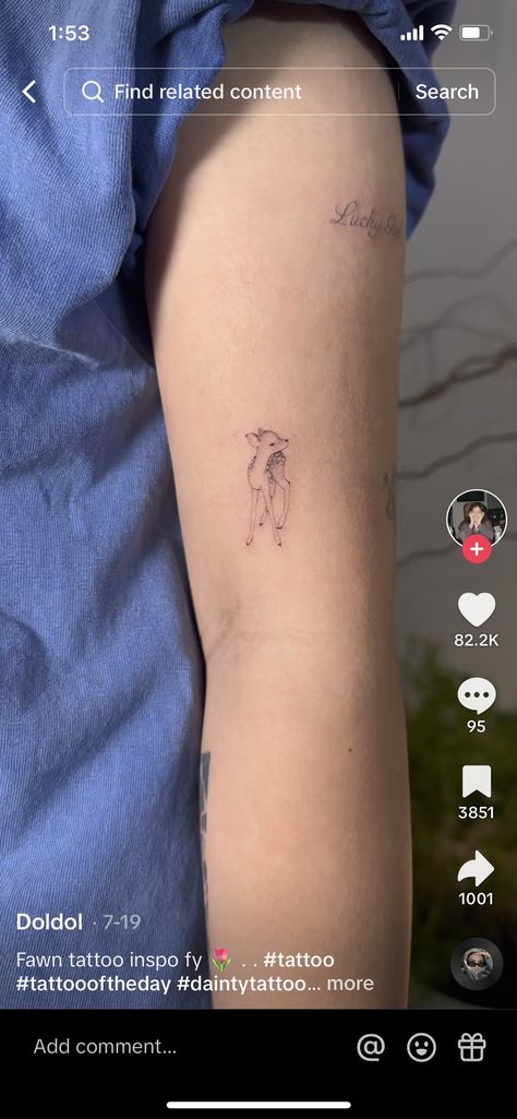 Simple Fawn Tattoo, Deer Tree Tattoo, Fineline Deer Tattoo, Deer Small Tattoo, Tiny Deer Tattoo, Dainty Dinosaur Tattoo, Fawn Tattoo Minimalist, Dainty Deer Tattoo, Doe Tattoo Simple