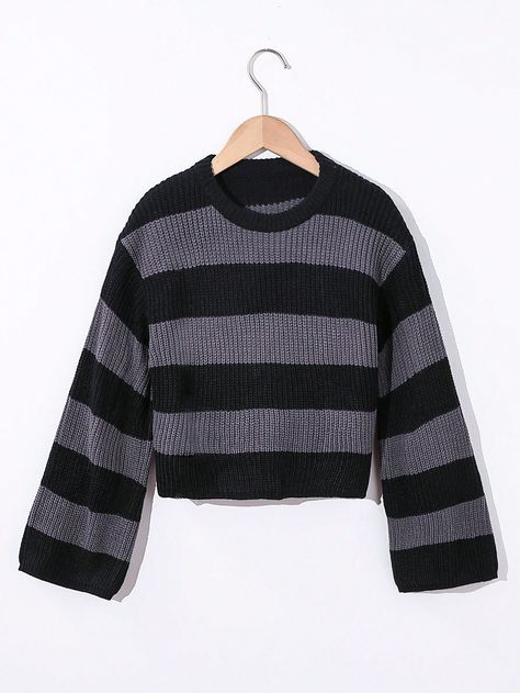 This Cool Casual Black And Gray Striped Sweater Is An Ideal Choice For The Halloween Season, Showcasing A Fashionable And Fun Style. The Striped Design Adds A Relaxed Feel, While The Black And Gray Tones Exude A Cool Vibe. The Sweater May Be Made Of Soft, Comfortable Fabric, Suitable For Wearing In The Fall. With A Distressed Design That Is Full Of Street-Style Flair, This Sweater Provides A Fashionable Option For Participating In The Joyful And Humorous Atmosphere Of Halloween Parties Or Events Black Sweater With Striped Long Sleeves, Black And Grey Striped Sweater, Purple And Black Striped Sweater, Striped Sweater Black, Black And White Striped Long Sleeve, Gray Tones, Printed Sleeveless Top, Fun Style, Casual Black