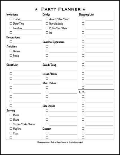 Free Party Planner Checklist | snappygourmet.com Party Planning Checklist Organizing, Party Planner Checklist, Party Planning List, Party Planner Template, Event Planning Checklist Templates, Event Planning Worksheet, Birthday Party Checklist, Event Planning Organization, Event Planning Printables