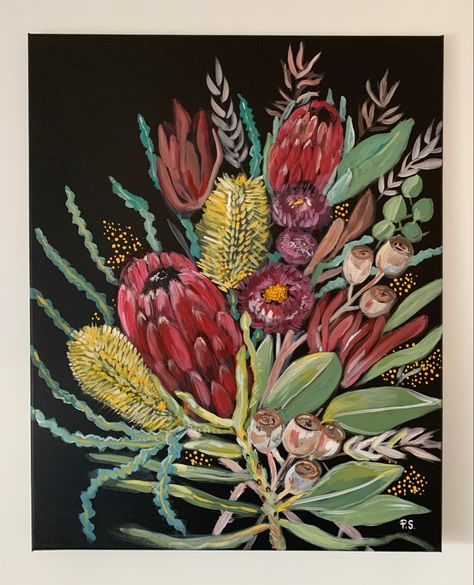 Australian Native Artwork, Australian Native Flowers Painting Acrylic, Australian Native Flower Painting, Australian Native Painting, How To Paint Australian Native Flowers, Australian Flowers Painting, Australian Native Flowers Illustration, Studio Mural, Australian Botanicals