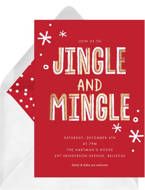 Christmas Party Food Ideas Appetizers, Christmas Invitations Ideas, Party Food Ideas Appetizers, Whimsical Lettering, Christmas Party Food Ideas, Food Ideas Appetizers, Jingle And Mingle, Holiday Party Invite, Playful Typography