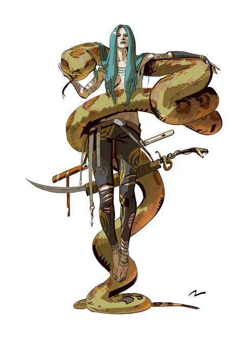 Beastmaster Ranger, D&d Character Design, D&d Character Concepts, Snake Character Design, Female Elf Art, Snake Draw, Mauro Belfiore, Snake God, Character Concept Design