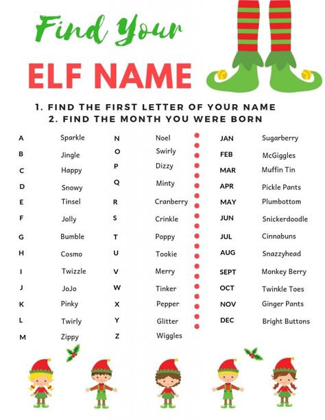 Christmas Elf Printables, Elf Name Game, Christmas Elf Names, Your Elf Name, Elf Themed Christmas Party, Elf Printables, Xmas Games, Elf Names, Fun Christmas Party Games