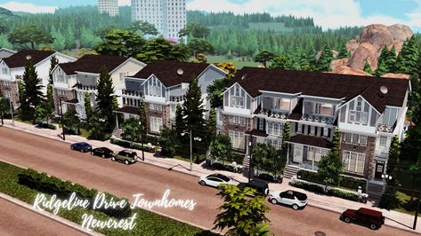 Newcrest | Ridgeline Drive Townhomes | Patreon Townhome Sims 4, Sims 4 Townhome, Newcrest Sims 4, The Sims 4 Packs, Basketball Wallpaper, Contemporary Style Homes, Modern Contemporary Style, Sims 4 Build, Island Living