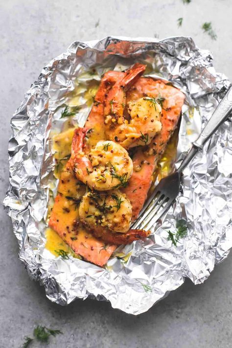 Garlic Dijon Shrimp and Salmon Foil Packs | Creme De La Crumb Salmon Foil Pack, Salmon In Foil, Resep Seafood, Foil Dinners, Foil Pack Meals, Foil Packs, Salmon And Shrimp, Foil Packet Meals, Salmon And Asparagus