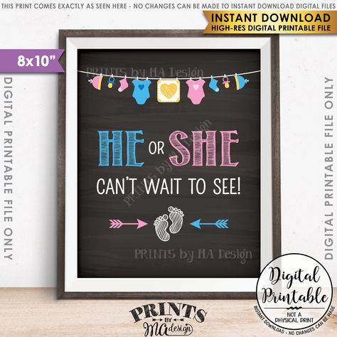 Gender Reveal Sign, He or She Can't Wait to See Gender Reveal Party, Pink or Blue Sign, 8x10” Chalkboard Style Printable Instant Download by PRINTSbyMAdesign on Etsy https://www.etsy.com/listing/507977980/gender-reveal-sign-he-or-she-cant-wait Gender Reveal Chalkboard, Baby Shower Clothesline, Gender Reveal Signs, Chalkboard Style, Cadeau Photo, Pink Or Blue, He Or She, Reveal Ideas, Baby Shower Gender Reveal