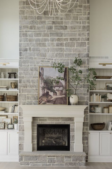 Oakstone Homes, Painted Beadboard, Grey Stone Fireplace, Built In Lockers, Wood Mantle, White Oak Hardwood Floors, Old Barn Wood, Shelving Design, Arched Doors